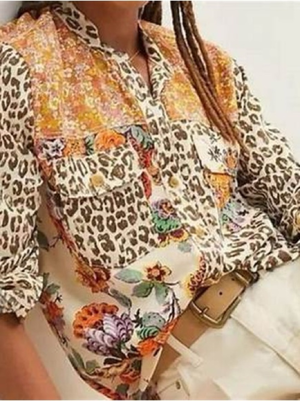 Pilcro Anthropologie Leopard print Floral patchwork shirt